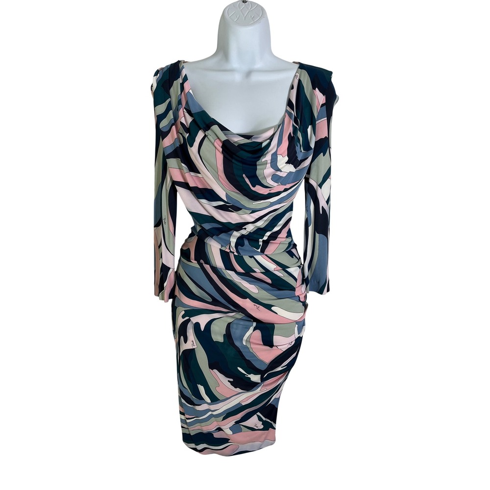 EMILIO PUCCI Draped Cowl Neck Ruched Abstract Print Long Sleeve Dress - Picture 2 of 16